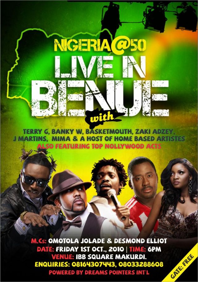 TERRY G, BANKY W, J MARTINS, BASKET MOUTH, OMOTOLA…. STORMS BENUE FOR, ‘NAIJA @ 50, LIVE IN BENUE’.