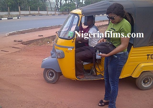 Nollywood actress, Diamond Adaeze Igwe caught in a tricycle after lavishing millions of naira on her twin brother’s wedding.