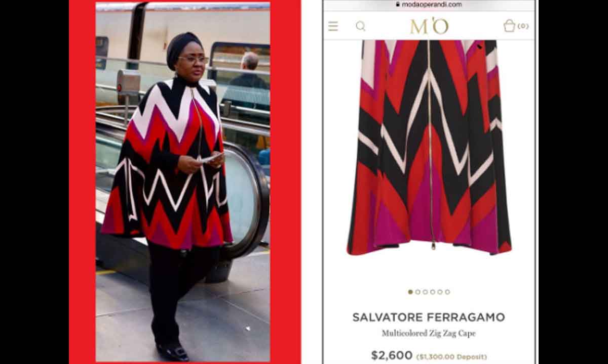 Aisha Buhari’s N1.2 million Salvatore Ferragamo Cape Dress sparks outrage on social media (Photos)