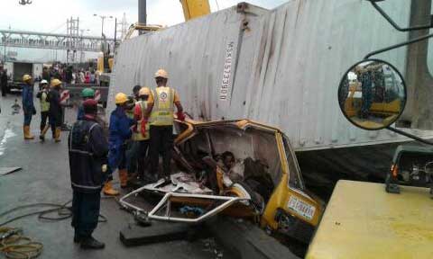 Photos: Five Lost Their Lives As Container Fell On danfo Bus In Lagos