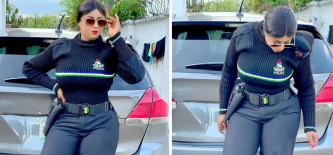 Pictures Of The Day: Actress Uju Okoli Behind The Nigerian Police Uniform
